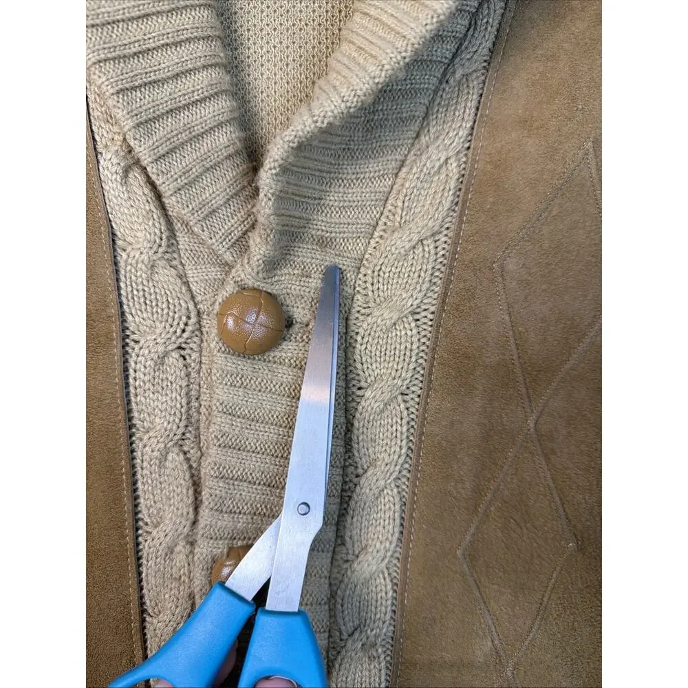 Vtg Troy Hill Cardigan Men's L Tan Grandpa Leather‎ Western Sweater Shawl USA